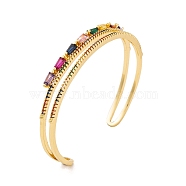 Brass Pave Colorful Cubic Zirconia 2-Strand Open Cuff Bangles for Women, Real 18K Gold Plated, Trapezoid, Inner Diameter: 2-1/4 inch(5.6cm)(BJEW-S147-34G-C)