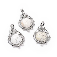 Natural Howlite Pendants, Half Round Charms, with Rack Plating Platinum Tone Brass Planet, 34x25x8mm, Hole: 8x5mm(G-P496-05P-19)