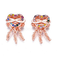 Rack Plating Alloy European Dangle Charms, with Colorful Rhinestone, Large Hole Pendants, Cadmium Free & Nickel Free & Lead Free, Woven Net/Web with Feather, Rose Gold, 21.5mm, Hole: 5mm, Feather: 12x2.5x1.5mm(MPDL-N039-070)