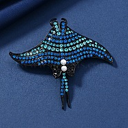 Manta Ray Alloy Rhinestone Brooches, with Plastic Pearl, Capri Blue, 70mm(PW-WGC7FBE-04)