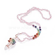 Natural Rose Quartz Bead Pendant Necklaces, with Natural Mixed Stone Beads, Natural Quartz Crystal and Brass Findings, Tree, 18.11 inch(46cm)(NJEW-K116-A04)