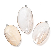 Electroplate Natural White Shell Pendants, Platinum Plated Brass Oval Charms with Iron Snap on Bails, 61~65.5x38~38.5x18.5~19.5mm, Hole: 8x4m(KK-F882-02P)