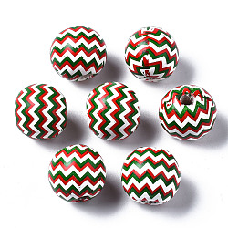 Painted Natural Wood European Beads, Large Hole Beads, Printed, Christmas, Round with Wave, Colorful, 16x15mm, Hole: 4mm(WOOD-S057-034)