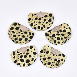 Eco-Friendly Cowhide Leather Pendants, with Brass Findings, Fan with Leopard Print, Light Gold, Gold, 38x47x3.5mm, Hole: 3x1.5mm(X-FIND-S301-28B-01)