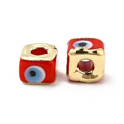 Brass Enamel Beads, Long-Lasting Plated, Real 18K Gold Plated, Square with Evil Eye Pattern, Red, 10~12x10~12x8~9mm, Hole: 4~4.5mm(KK-F842-01D)
