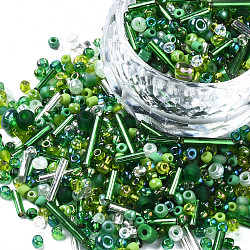 Glass Seed Beads, Mixed Style, Mixed Shapes, Green, 1~27x2~4mm, Hole: 0.7~1mm, about 450g/pound(SEED-S059-006)