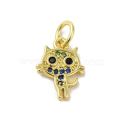 Real 18K Gold Plated Brass Pave Colorful Cubic Zirconia Pendants, with Jump Rings, Cat Shape, 12.5x9x1mm, Hole: 3mm(KK-M283-06E-02)