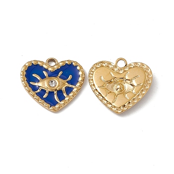 Vacuum Plating 201 Stainless Steel Rhinestone Pendants, Enamel Style, Real 18K Gold Plated, Heart with Eye Charm, Marine Blue, 14x15x2mm, Hole: 1.6mm