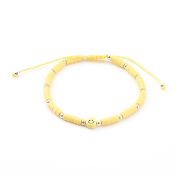 Adjustable Nylon Thread Braided Bead Bracelets, with Polymer Clay Heishi Beads and Iron Beads, Smiling Face, Silver Color Plated, Yellow, Inner Diameter: 2~3-1/8 inch(5~8cm)