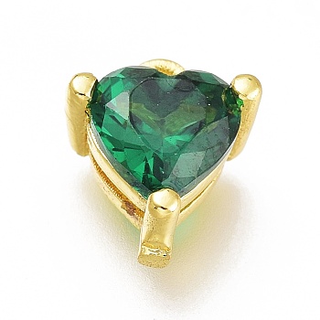 Brass Micro Pave Cubic Zirconia Charms, Long-Lasting Plated, Heart, Golden, Green, 7x6.5x4mm, Hole: 0.8mm
