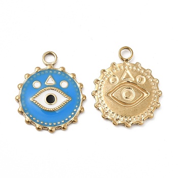 Vacuum Plating 201 Stainless Steel Enamel Pendants, Real 18K Gold Plated, Flat Round with Eye Charm, Dodger Blue, 21.5x18x1.5mm, Hole: 2.6mm