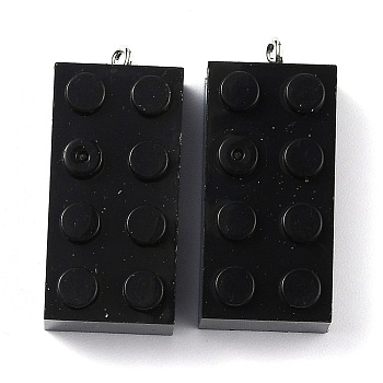 Opaque Acrylic Pendants, with Platinum Iron Loop, Long Rectangle Building Block Charms, Black, 36x16x11.5mm, Hole: 1.5mm