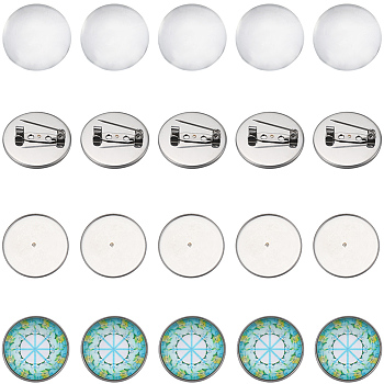 DIY Blank Dome Brooch Making Kit, Including 304 Stainless Steel Brooch Findings, Flat Round, Glass Cabochons, Stainless Steel Color, 40Pcs/box