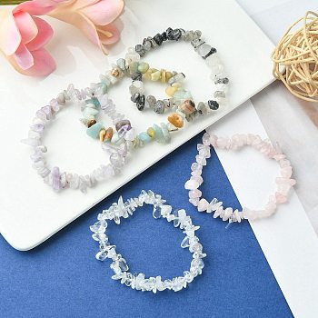 5Pcs 5 Style Natural Mixed Gemstone Chips Beaded Stretch Bracelets Set for Women, Inner Diameter: 2 inch(5cm), 1Pc/style