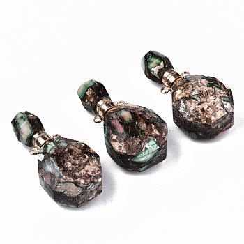 Assembled Synthetic Bronzite and Imperial Jasper Openable Perfume Bottle Pendants, with Light Gold Brass Findings, Dyed, Medium Sea Green, Capacity: 1ml(0.03 fl. oz), 39~40x19.5x13.5mm, Hole: 1.8mm