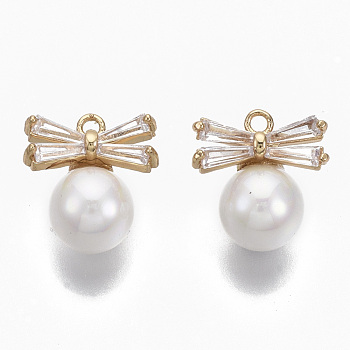 Brass Micro Pave Cubic Zirconia Charms, with Acrylic Imitation Pearl, Nickel Free, Real 18K Gold Plated, Bowknot, Seashell Color, 13x12.5x8mm, Hole: 1.4mm
