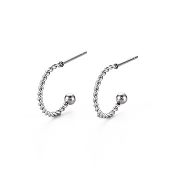 304 Stainless Steel C-shape Stud Earrings, Twist Rope Half Hoop Earrings for Women, Stainless Steel Color, 19x14x3mm, Pin: 0.8mm