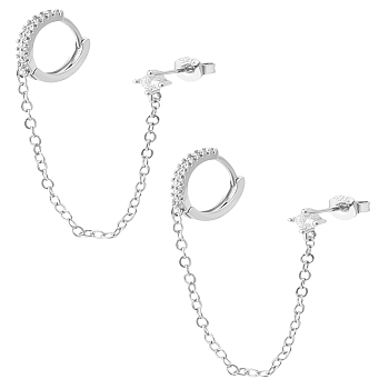1 Pair Brass Micro Pave Clear Cubic Zirconia Stud Earrings for Women, Chain Charm, Real Platinum Plated, 75mm