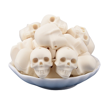 Skull Head Food Grade Silicone Beads, Chewing Beads For Teethers, DIY Nursing Necklaces Making, Floral White, 20x20x15.2mm