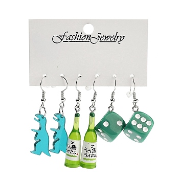 3 Styles Summer Dinosaur & Bottle & Dice Acrylic Dangle Earring Sets for Women, Green, 41~55x9.5~19.5mm, 3 pairs/set