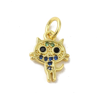 Real 18K Gold Plated Brass Pave Colorful Cubic Zirconia Pendants, with Jump Rings, Cat Shape, 12.5x9x1mm, Hole: 3mm