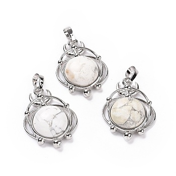 Natural Howlite Pendants, Half Round Charms, with Rack Plating Platinum Tone Brass Planet, 34x25x8mm, Hole: 8x5mm