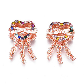 Rack Plating Alloy European Dangle Charms, with Colorful Rhinestone, Large Hole Pendants, Cadmium Free & Nickel Free & Lead Free, Woven Net/Web with Feather, Rose Gold, 21.5mm, Hole: 5mm, Feather: 12x2.5x1.5mm