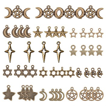 Tibetan Style Alloy Pendants, Cadmium Free & Lead Free, Moon & Star & Hexagram, Antique Bronze, 6pcs/style, 12 Style, 72pcs/box