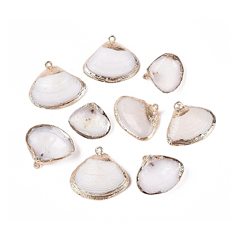 Electroplate Natural Sea Shell Pendants, Shell Shape Charms, with Iron Loops and Brass Findings, White, Light Gold, 16~23x18~25x5~8mm, Hole: 1.2~1.6mm