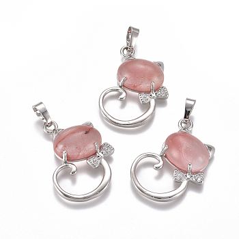 Cherry Quartz Glass Kitten Pendants, with Platinum Tone Brass Findings and Crystal Rhinestone, Cat with Bowknot Shape, 32x25.5x7.5mm, Hole: 4.5x7mm