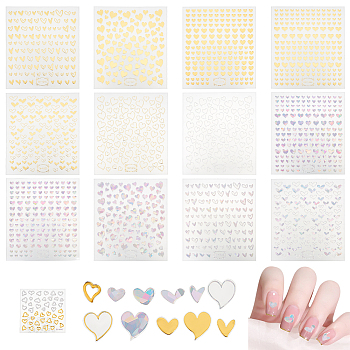 13 Sheets 13 Style 3D Bronzing/Laser Heart Pattern Nail Art Sticker, Self-Adhesive Nail Art Decals for Women Nail Decoration, Mixed Color, 10x8.5x0.03cm, Sticker: 2.5~10x3.5~9.5mm, 1 sheet/style