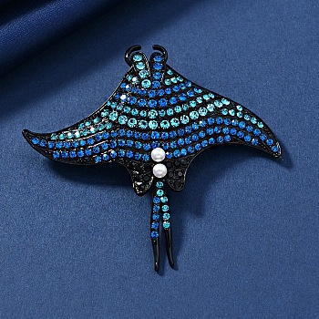 Manta Ray Alloy Rhinestone Brooches, with Plastic Pearl, Capri Blue, 70mm