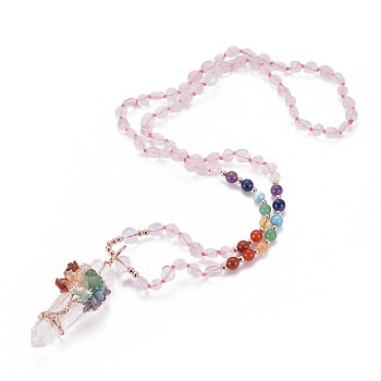 Natural Rose Quartz Bead Pendant Necklaces, with Natural Mixed Stone Beads, Natural Quartz Crystal and Brass Findings, Tree, 18.11 inch(46cm)