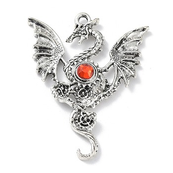 Alloy Pendants, with Glass, Dragon Charms, Antique Silver, 48.5x37.5x5mm, Hole: 2.5mm