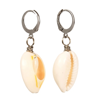 Natural Cowrie Shell Beads Dangle Earrings for Girl Women, 304 Stainless Steel Leverback Earring, Stainless Steel Color, 42mm, Pin: 1mm