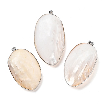 Electroplate Natural White Shell Pendants, Platinum Plated Brass Oval Charms with Iron Snap on Bails, 61~65.5x38~38.5x18.5~19.5mm, Hole: 8x4m