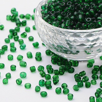 6/0 Glass Seed Beads, Transparent Colours, Green, about 4mm in diameter, hole: 1mm, about 4500pcs/pound