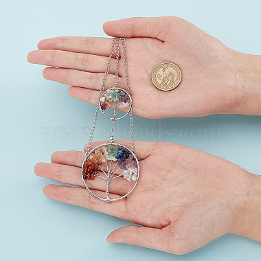 Flat Round with Tree of Life Mixed Stone Pendant Decorations(HJEW-AB00162)-3