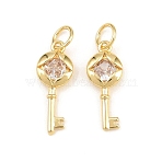 Brass Micro Pave Clear Cubic Zirconia Pendants, Key Charms, Rack Plating, Long-Lasting Plated, Lead Free & Cadmium Free, Real 18K Gold Plated, 17.5x7x3mm, Hole: 3.5mm(KK-H292-12G)