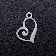 304 Stainless Steel Heart Charms, Hollow, Laser Cut, Stainless Steel Color, 13x10x1mm, Hole: 1.4mm(A-STAS-Q201-JN320-1)