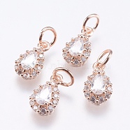 Brass Micro Pave Cubic Zirconia Charms, Cadmium Free & Lead Free, teardrop, Real Rose Gold Plated, 11x6x3.5mm, Hole: 3mm(RB-I077-15RG-RS)
