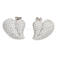 Brass Micro Pave Clear Cubic Zirconia Stud Earrings, Heart, Platinum, 19x18mm(EJEW-U005-12B-P)