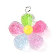 Translucent Resin Pendants, Glitter Charms with Platinum Tone Iron Loops, Flower, 24.5x20.5x7.5mm, Hole: 2mm(RESI-Z014-02B)