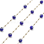 Evil Eye Lampwork Beaded Link Chains, with Golden 304 Stainless Steel Paperclip Chains, Soldered, with Spool, Medium Blue, 6mm, 2mm, about 32.81 Feet(10m)/Roll(CHS-G028-04G-07)