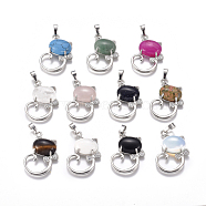 Natural & Synthetic Mixed Gemstone Kitten Pendants, with Platinum Tone Brass Findings and Crystal Rhinestone, Cat with Bowknot Shape, 32x25.5x7.5mm, Hole: 4.5x7mm(G-L512-R)