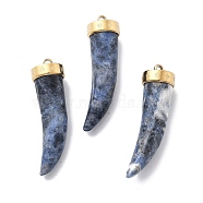 Natural Sodalite Horn Pendants, PVD Vacuum Plating 304 Stainless Steel Charms, Real 18K Gold Plated, 35x8x9.5mm, Hole: 1.6mm(STAS-R130-03G-01)