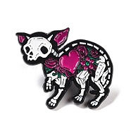 Skeleton Cat with Heart Enamel Pin for Halloween, Animal Alloy Badge for Backpack Clothing, Electrophoresis Black, Cerise, 30x36x1.5mm, Pin: 1mm(JEWB-F015-09EB)