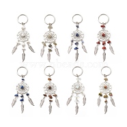 Natural & Synthetic Gemstone Keychain, with Iron, 304 Stainless Steel & Alloy Findings, Woven Net/Web with Feather, 11.4~11.8cm, 8pcs/set(KEYC-JKC00346)