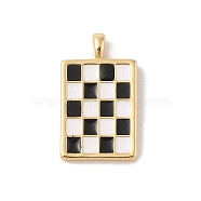 Rack Plating Brass Enamel Pendants, Cadmium Free & Lead Free, Long-Lasting Plated, Real 18K Gold Plated, Rectangle with Tartan Charm, Black, 28x16.5x3mm, Hole: 4x3mm(KK-Z047-03G-01-RS)