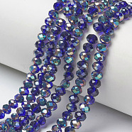 Electroplate Glass Beads Strands, Half Plated, Rainbow Plated, Faceted, Rondelle, Blue, 6x5mm, Hole: 1mm, about 85~88pcs/strand, 16.1~16.5 inch(41~42cm)(EGLA-A034-T6mm-J07)